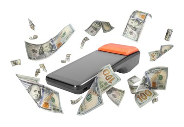 Image of Payment terminal and dollars in air on white background