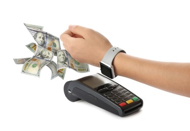 Image of Woman using terminal for contactless payment with smart watch on white background, closeup. Dollars flying near