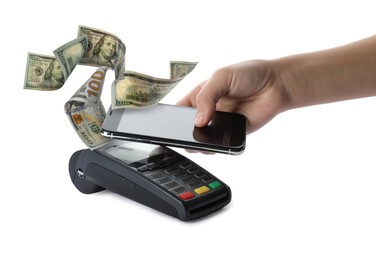 Image of Woman using terminal for contactless payment with smartphone on white background, closeup. Dollars flying near