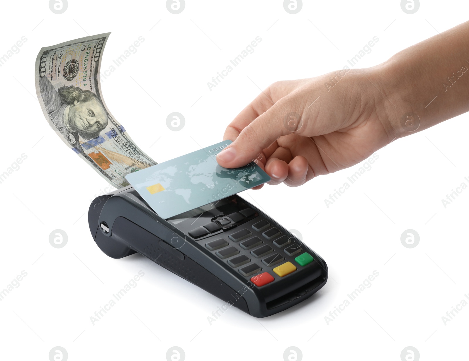 Image of Woman using terminal for contactless payment with credit card on white background, closeup. Dollar coming out of device