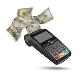 Image of Payment terminal and dollars in air on white background