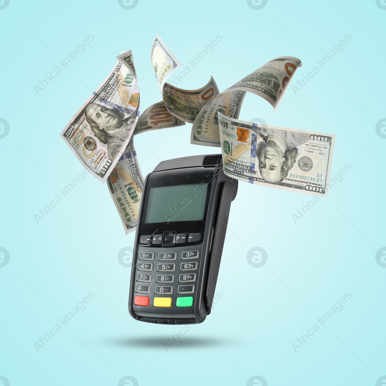 Image of Payment terminal and dollars in air on light blue background