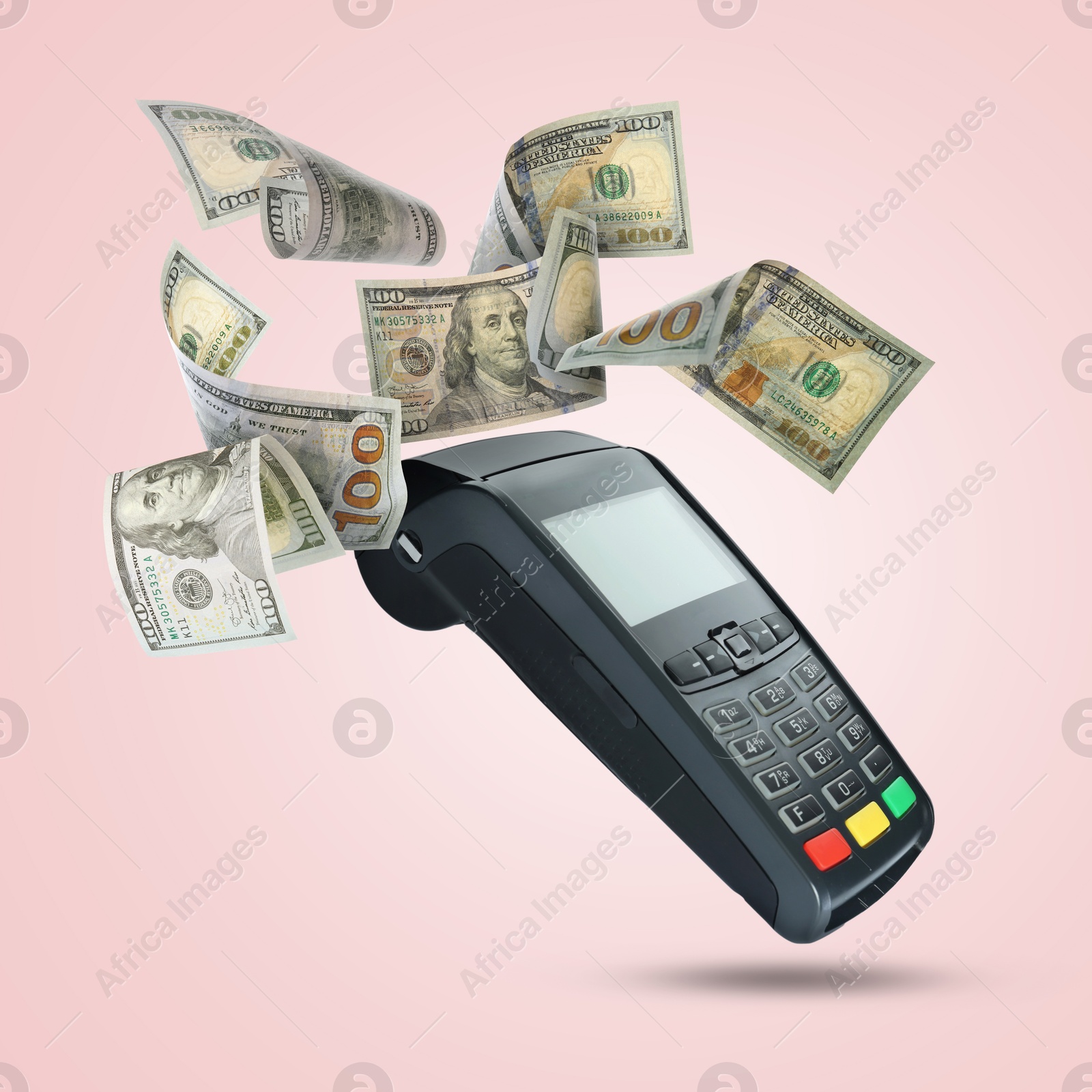 Image of Payment terminal and dollars in air on pink background