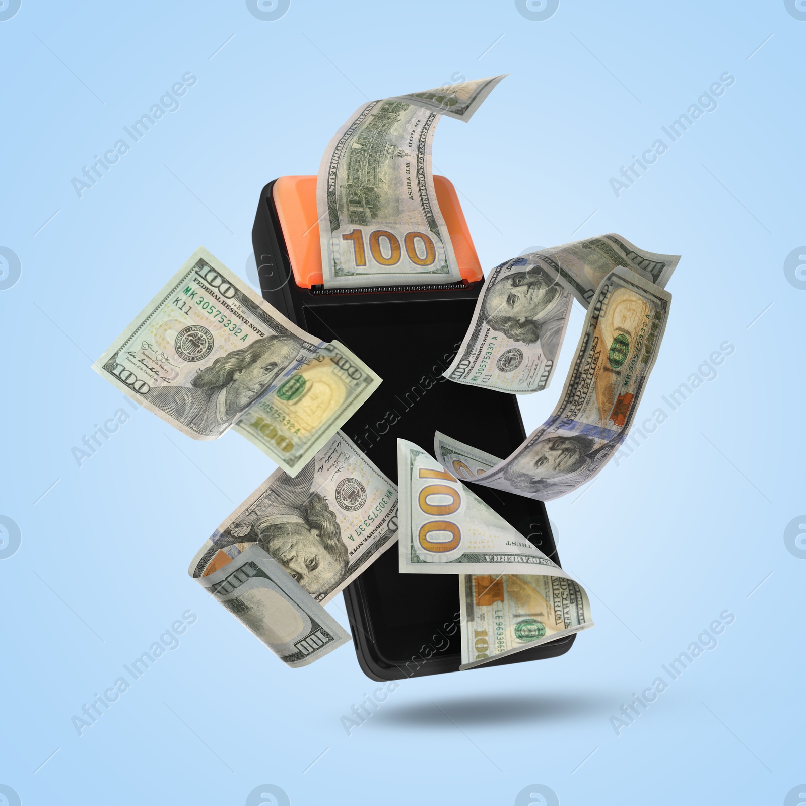 Image of Payment terminal and dollars in air on light blue background