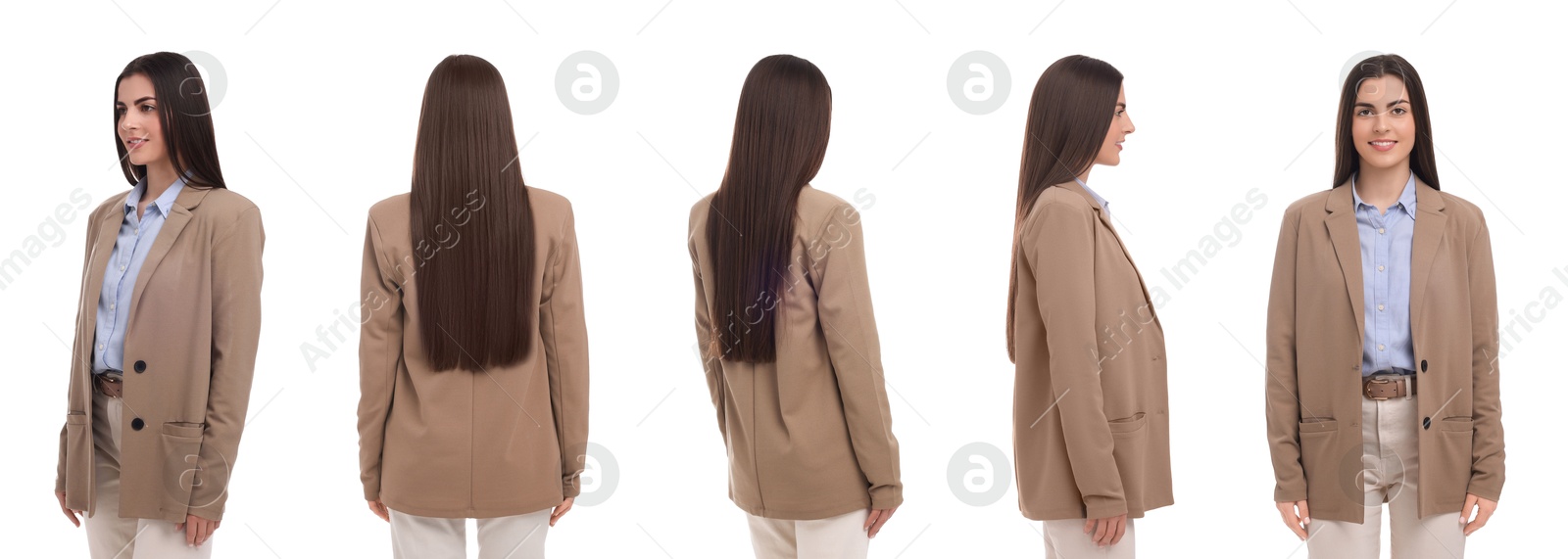 Image of Beautiful woman on white background. Collage of portraits from different sides