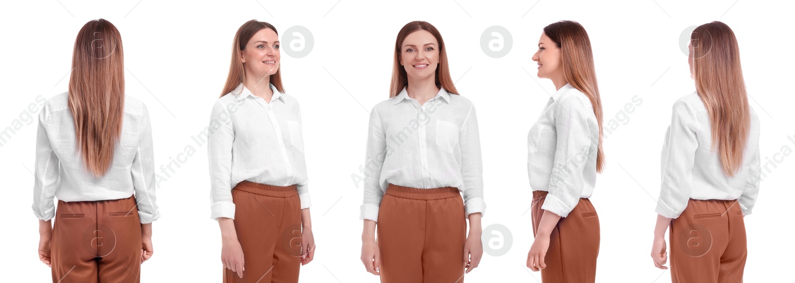 Image of Beautiful woman on white background. Collage of portraits from different sides