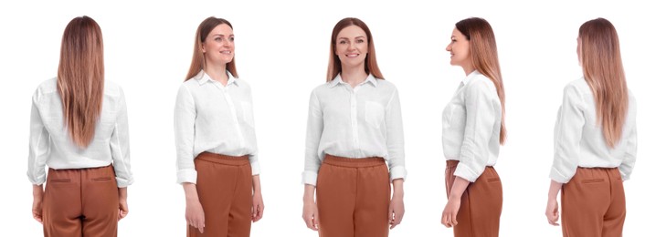 Image of Beautiful woman on white background. Collage of portraits from different sides