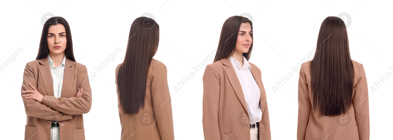 Image of Beautiful woman on white background. Collage of portraits from different sides