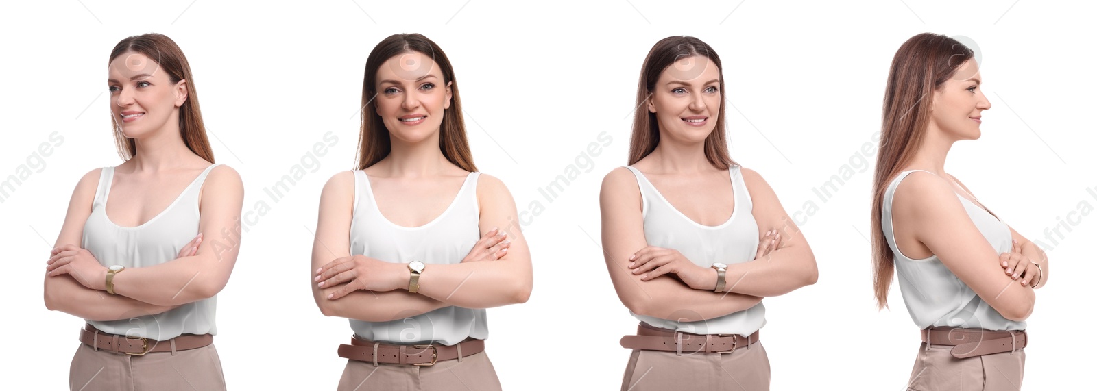 Image of Beautiful woman on white background. Collage of portraits from different sides