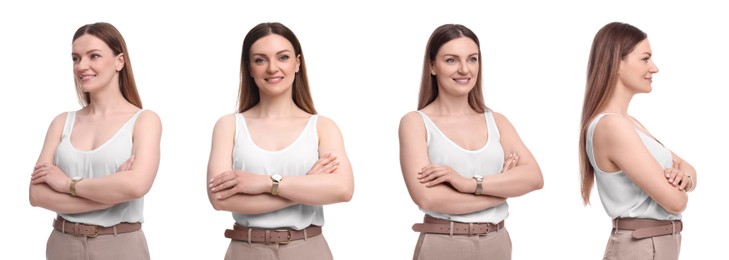 Image of Beautiful woman on white background. Collage of portraits from different sides