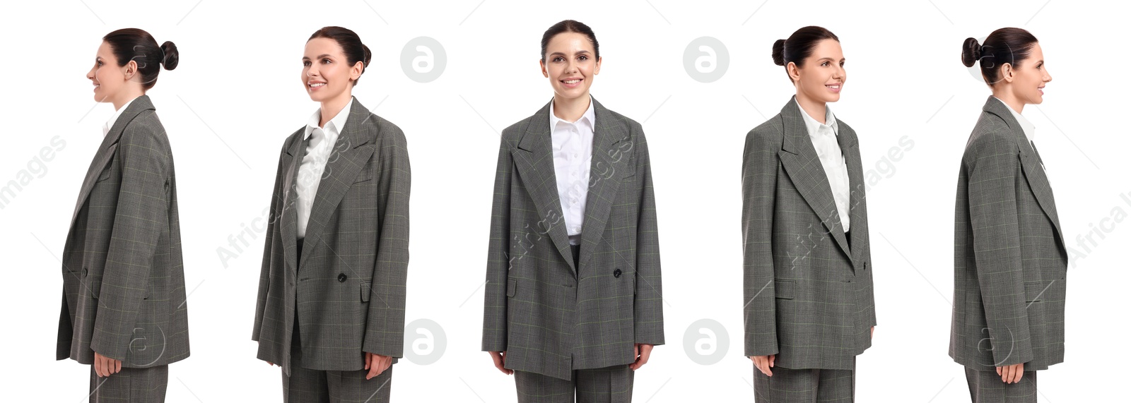 Image of Beautiful woman on white background. Collage of portraits from different sides