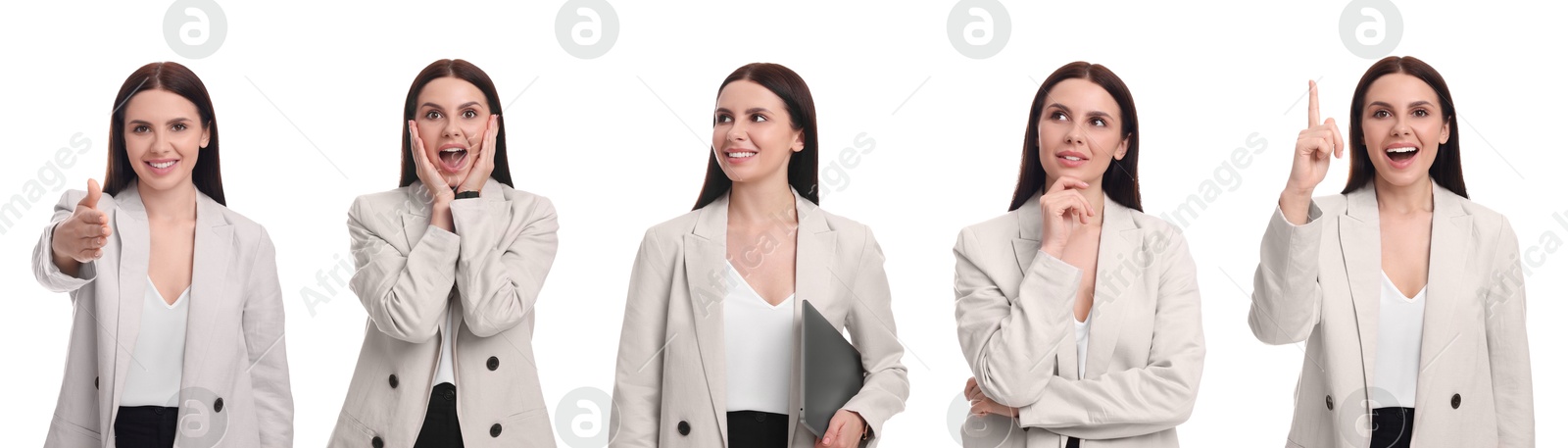 Image of Beautiful woman on white background. Collage of portraits
