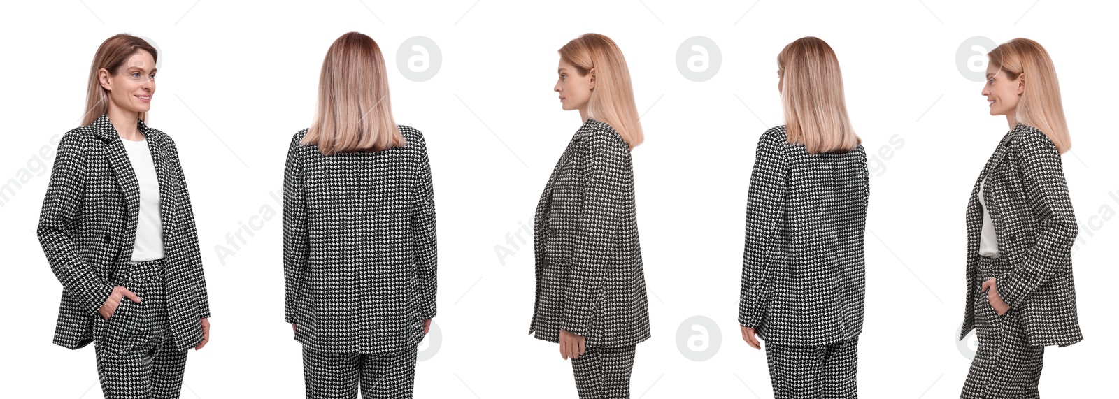 Image of Beautiful woman on white background. Collage of portraits from different sides