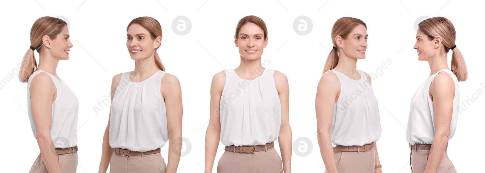 Image of Beautiful woman on white background. Collage of portraits from different sides
