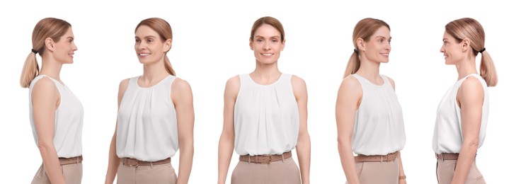 Image of Beautiful woman on white background. Collage of portraits from different sides