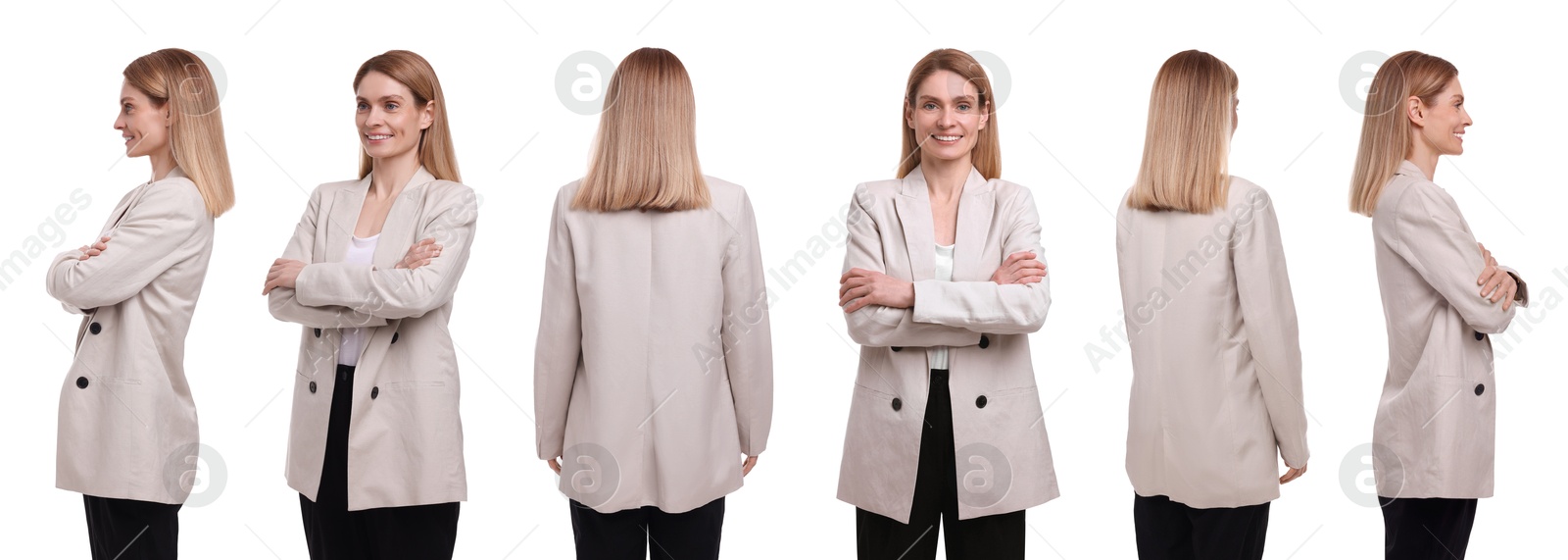 Image of Beautiful woman on white background. Collage of portraits from different sides