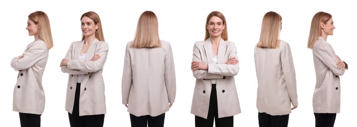 Image of Beautiful woman on white background. Collage of portraits from different sides