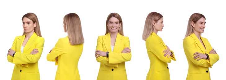 Image of Beautiful woman on white background. Collage of portraits from different sides