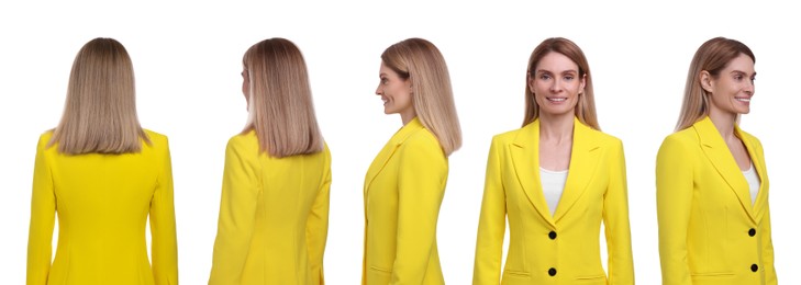 Image of Beautiful woman on white background. Collage of portraits from different sides
