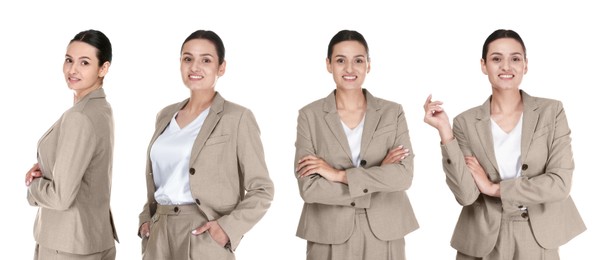 Image of Beautiful woman on white background. Collage of portraits