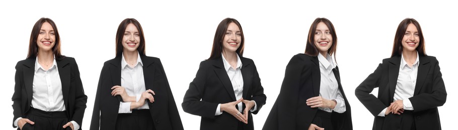 Image of Beautiful woman on white background. Collage of portraits