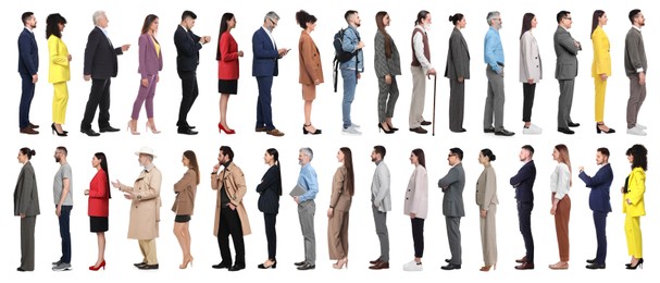 Image of Group of different men and women on white background, side view
