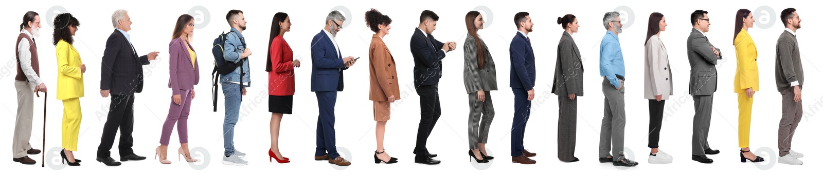 Image of Group of different men and women on white background, side view
