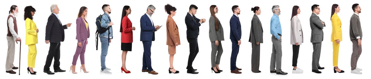 Image of Group of different men and women on white background, side view