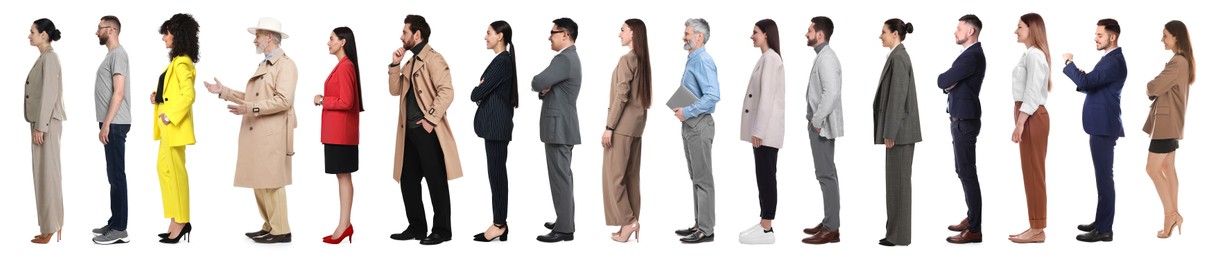 Image of Group of different men and women on white background, side view