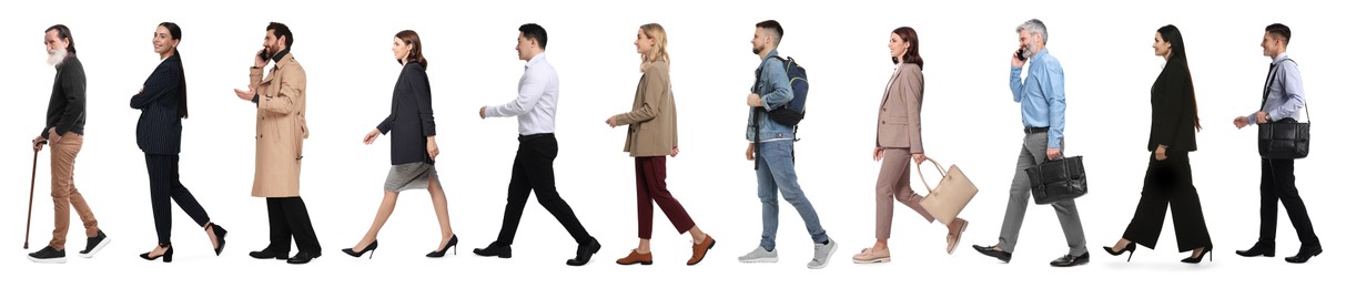 Image of Group of different men and women on white background, side view