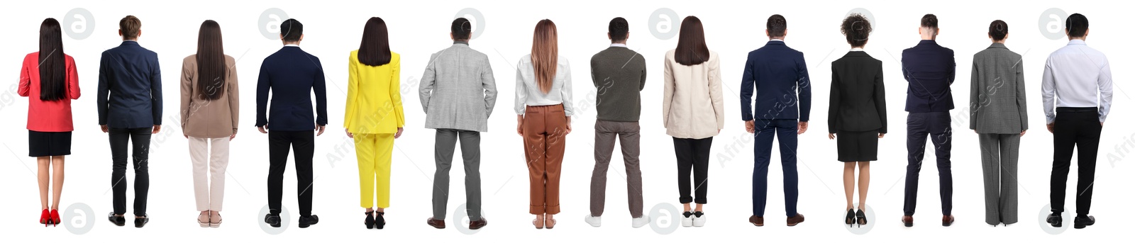 Image of Group of different men and women on white background, back view