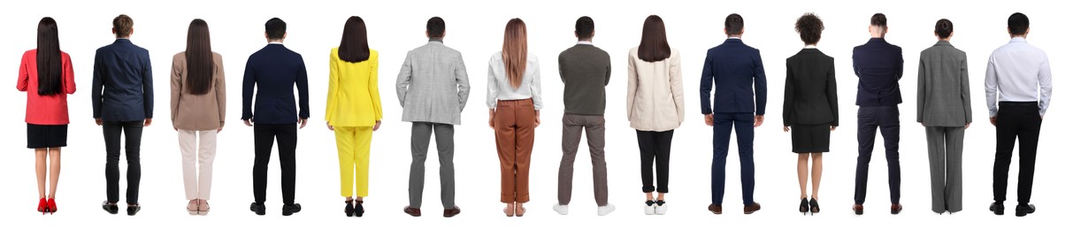 Image of Group of different men and women on white background, back view