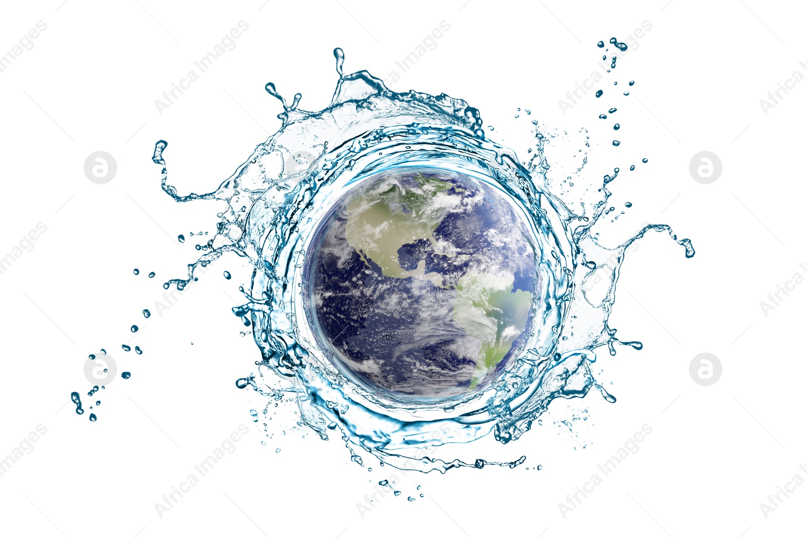 Image of Save water concept. Earth surrounded by splashing water against white background