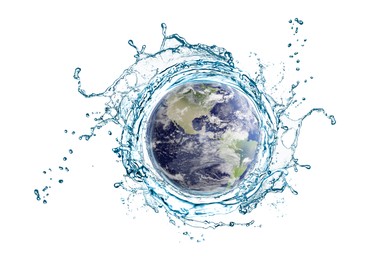 Image of Save water concept. Earth surrounded by splashing water against white background