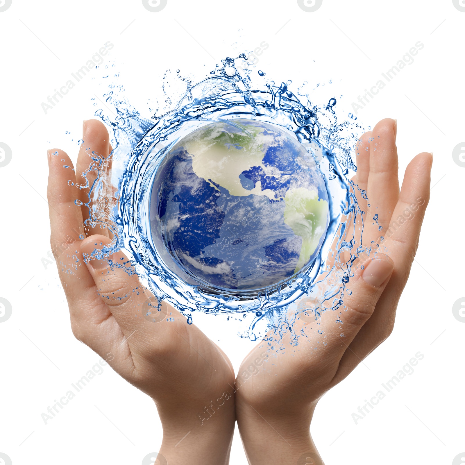 Image of Save water concept. Earth surrounded by splashing water in woman's hands against sea surface