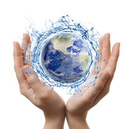Image of Save water concept. Earth surrounded by splashing water in woman's hands against sea surface