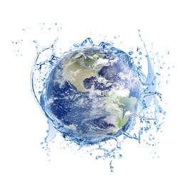 Image of Save water concept. Earth surrounded by splashing water against white background