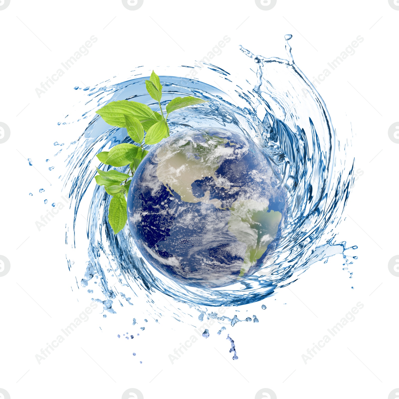 Image of Save water concept. Earth surrounded by splashing water and plant branch against white background