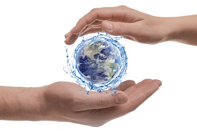 Image of Save water concept. Earth surrounded by splashing water between man's and woman's hands against white background