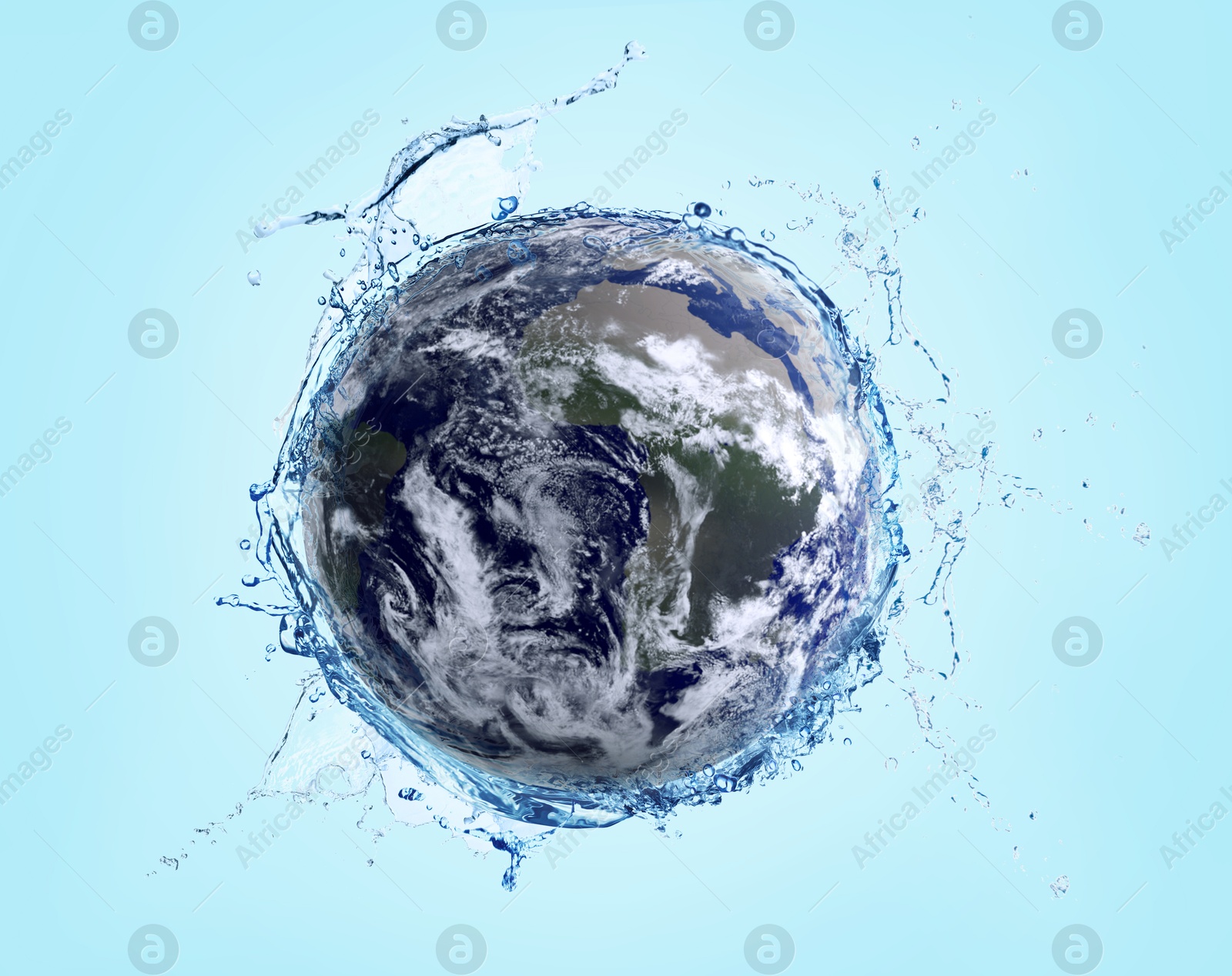 Image of Save water concept. Earth surrounded by splashing water against light blue background
