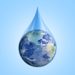 Image of Save water concept. Earth inside drop against pale blue background