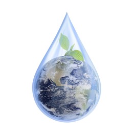 Image of Save water concept. Earth and plant branch inside drop against white background
