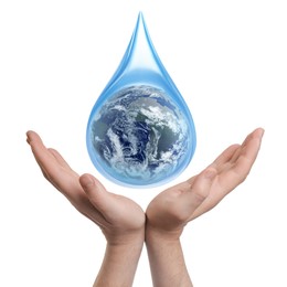 Image of Save water concept. Earth inside drop above man's hands against white background