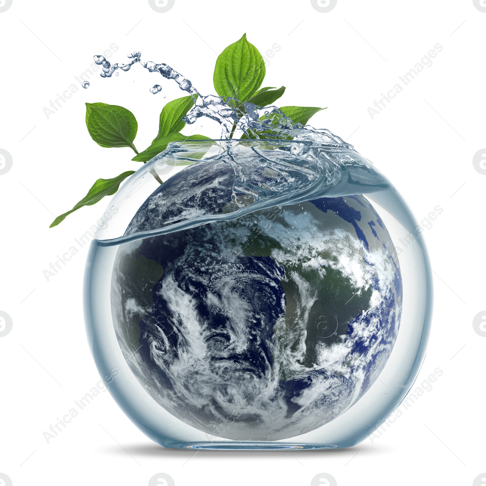 Image of Save water concept. Earth and plant branches inside aquarium bowl with splashing water against white background