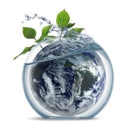 Image of Save water concept. Earth and plant branches inside aquarium bowl with splashing water against white background