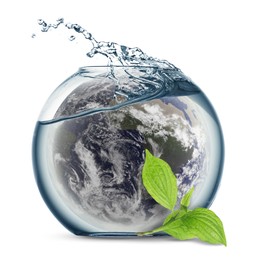 Image of Save water concept. Earth inside aquarium bowl with splashing water against white background