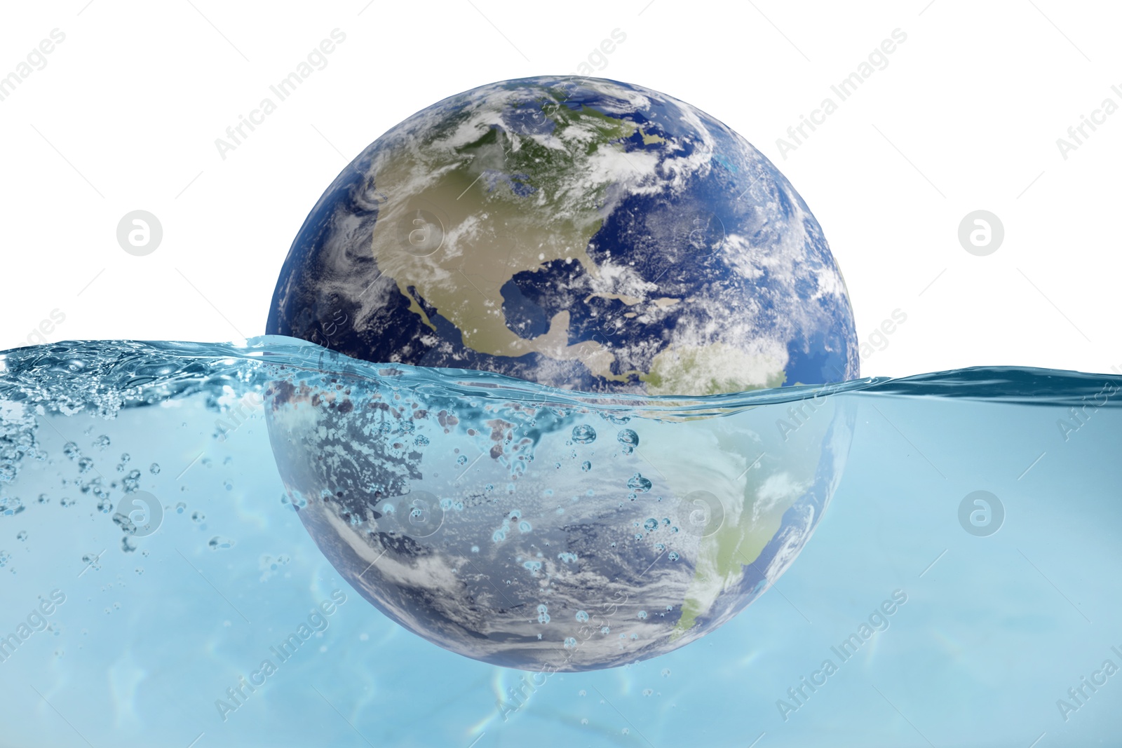 Image of Save water concept. Earth falling into water against white background
