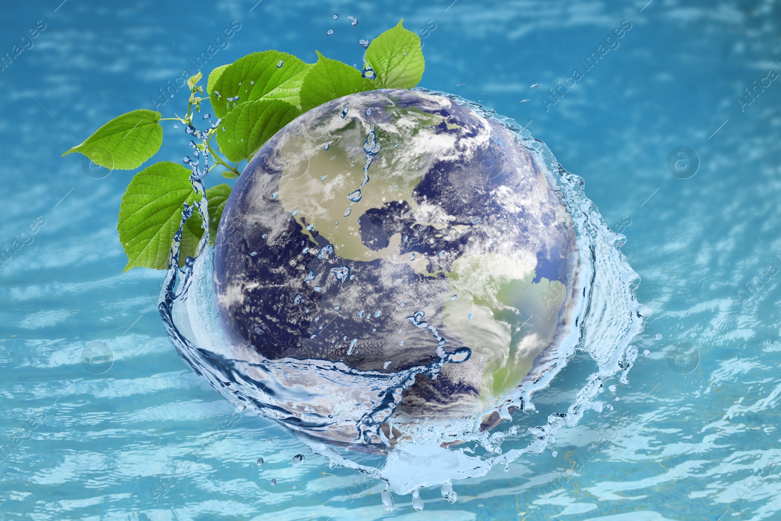 Image of Save water concept. Earth and plant branches falling into water