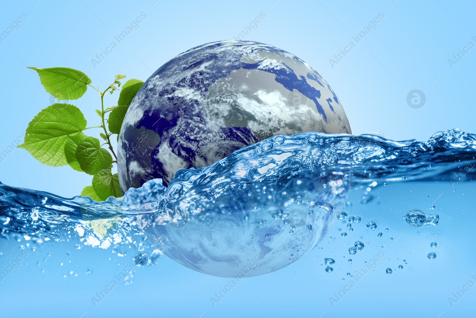 Save water concept. Earth and plant branch falling into water against pale blue background Image of Save water concept. Earth and plant branch falling into water against pale blue background
