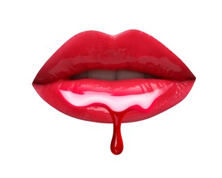 Image of Red liquid lipstick dripping from woman's lip against white background